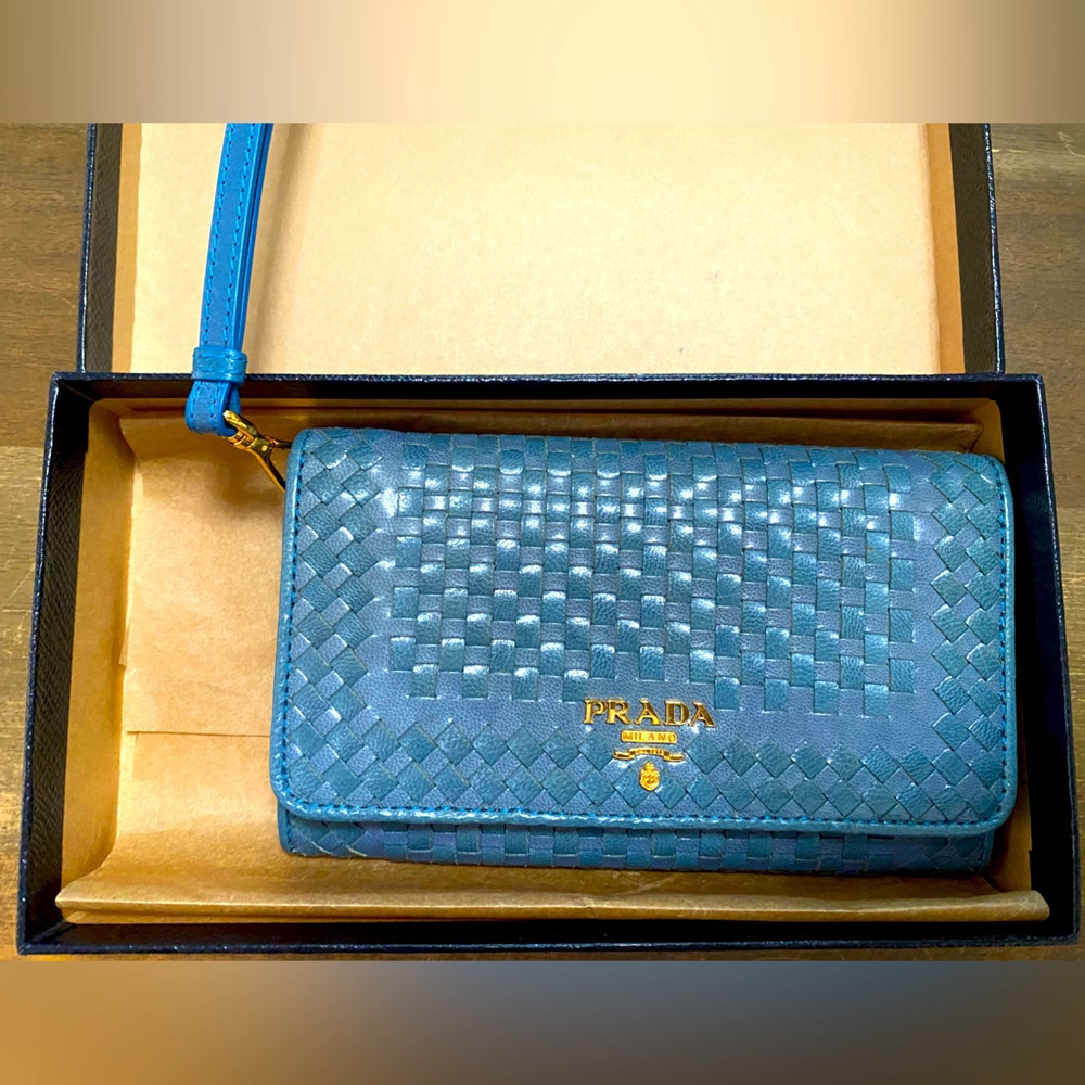 PRADA woven blue leather wristlet